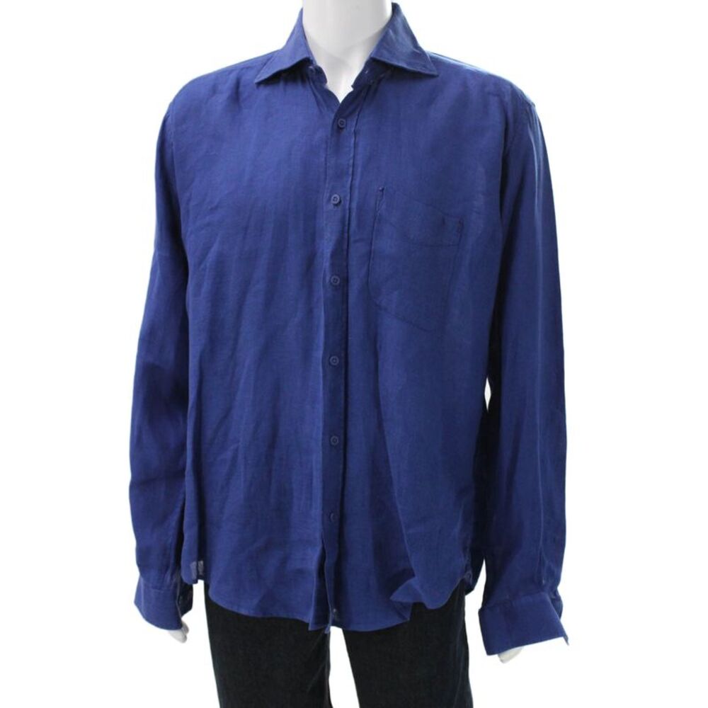 Laurent Effel Mens Blue Linen Dress Shirt Button Up Long Sleeve Size L